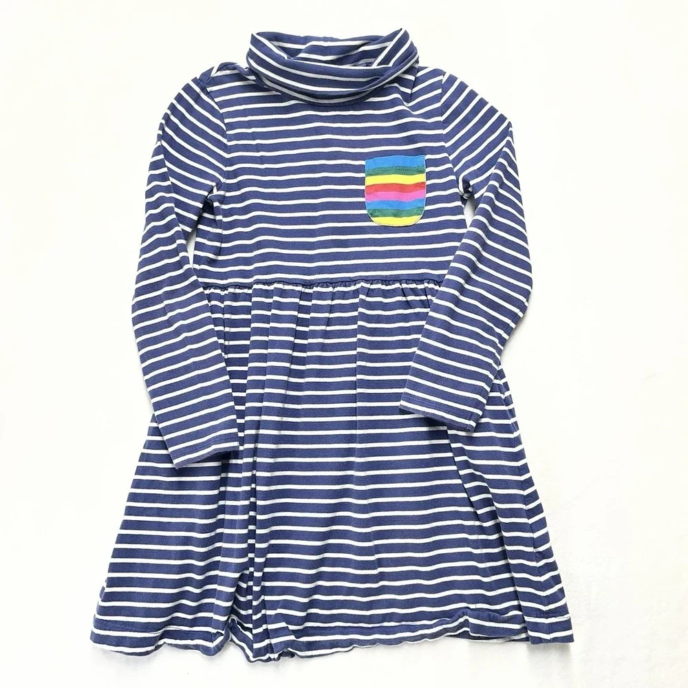 Boden Striped Roll Neck Dress Girls 8-9Y Rainbow Pocket Long Sleeve Pockets